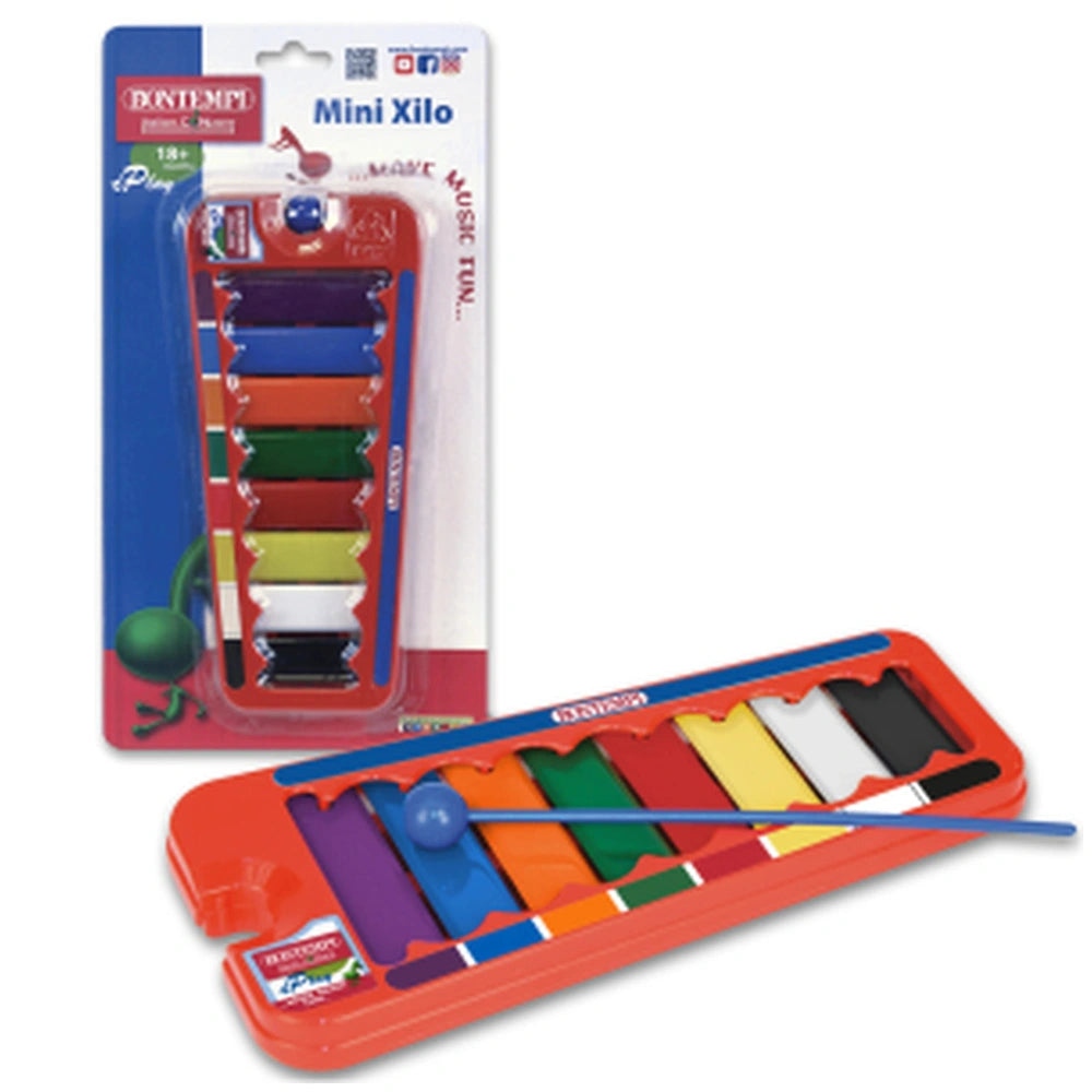 Bontempi Wooden Tambourine with glossy and matte plastic, featuring colorful packaging and "Make music" text.