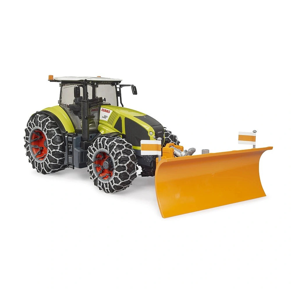 Claas Axion 950 toy tractor with snow chains and orange plough blade, detailed and realistic design.