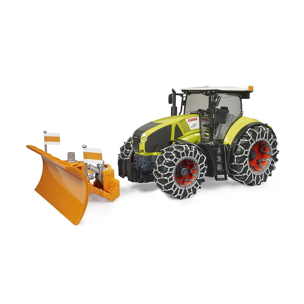 Claas Axion 950 toy tractor with snow chains and orange plough blade, detailed and realistic design.
