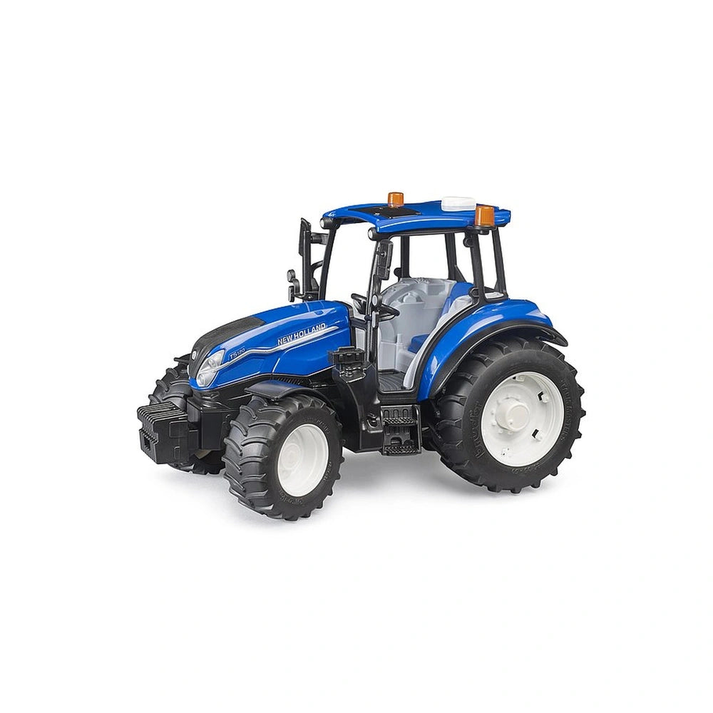Blue New Holland T5.120 toy tractor with large black tires and detailed cab on a white background.