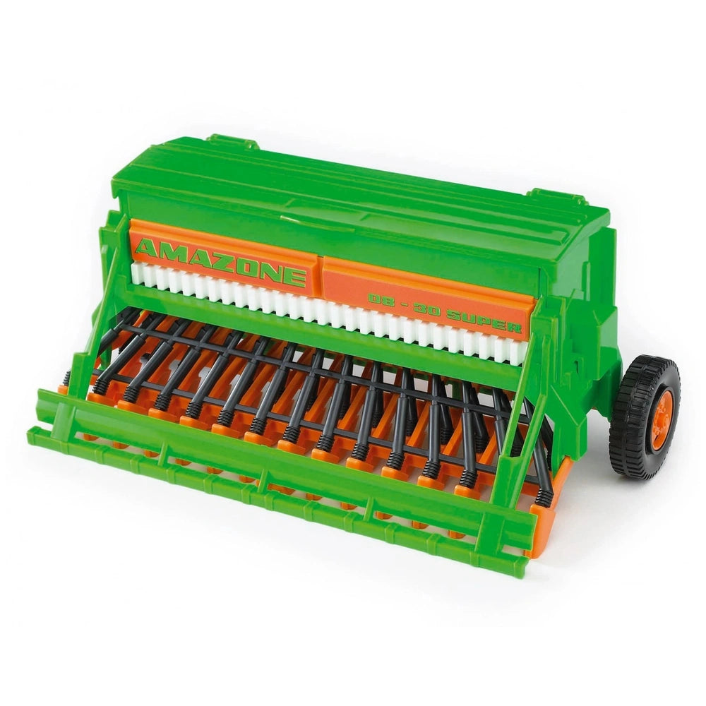 Green and orange Bruder Amazone sowing machine toy with realistic details and wheels, scaled at 1:16 for farm play.