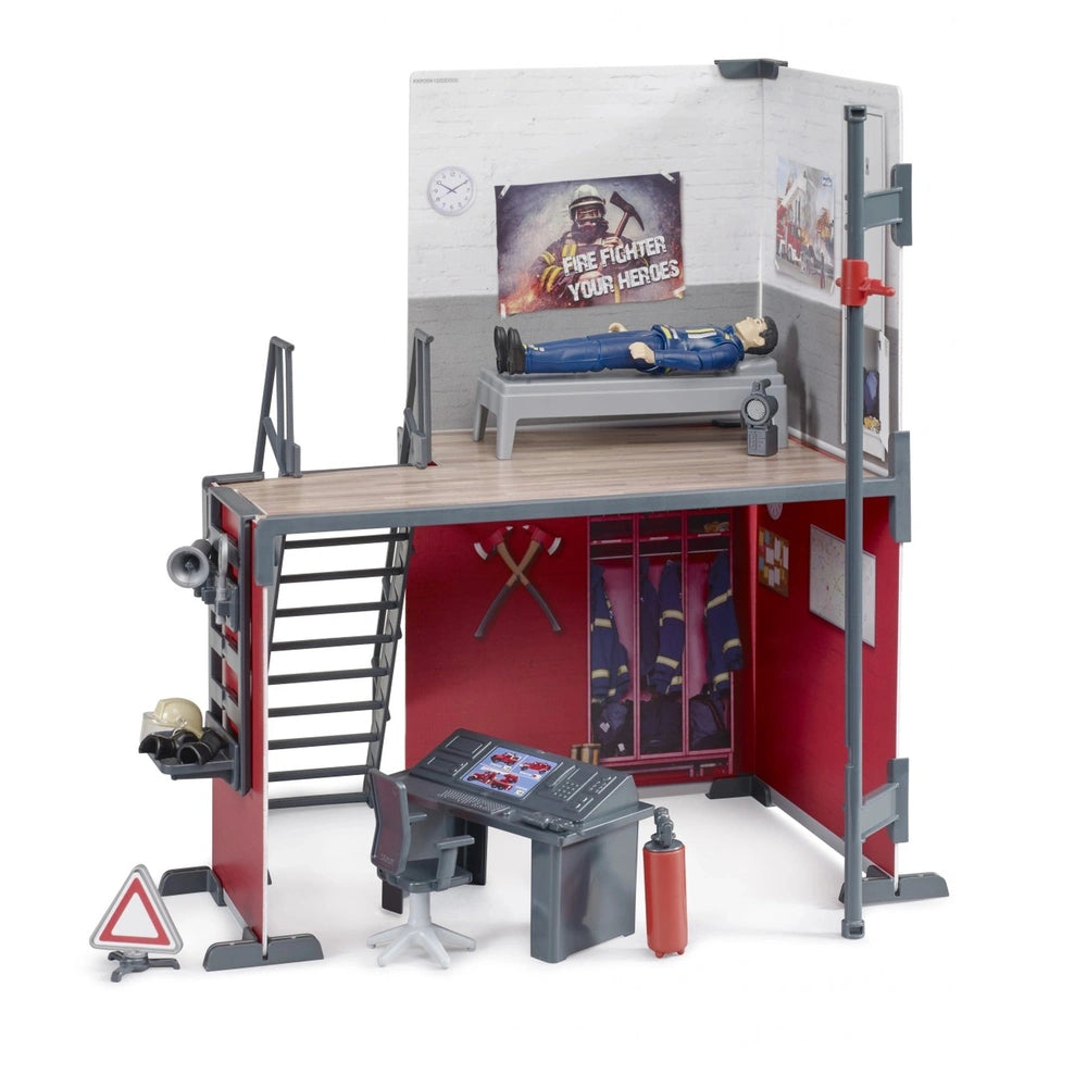 Bruder bworld Fire Station playset with control desk, bunk bed, firefighter gear, and accessories.