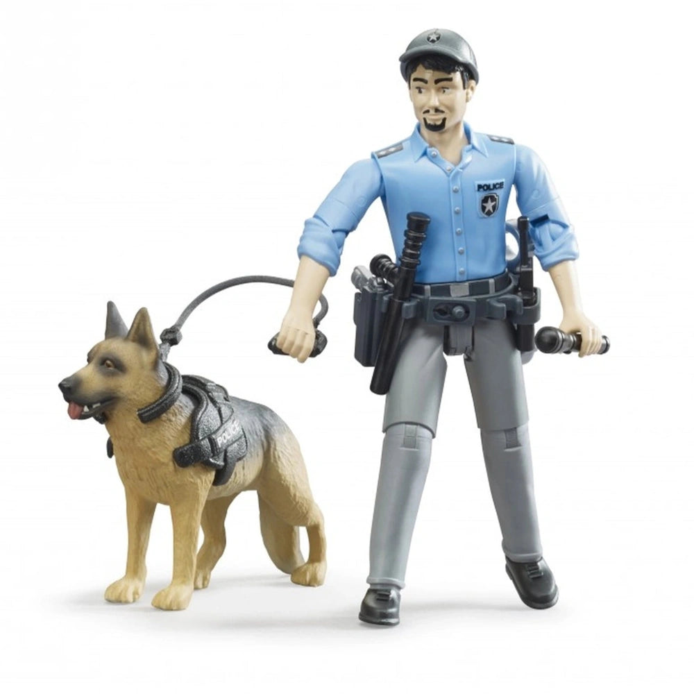Police officer figure with blue shirt holding a dog's leash, accompanied by a shepherd dog in a police vest.