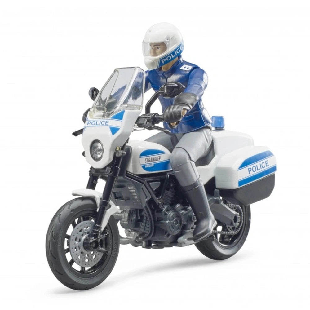 Police officer figure on a white Scrambler Ducati motorcycle toy, featuring blue accents and police markings.