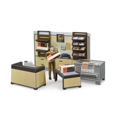 Toy UPS parcel shop playset with figure holding a package, shelves with accessories, and a counter in front.