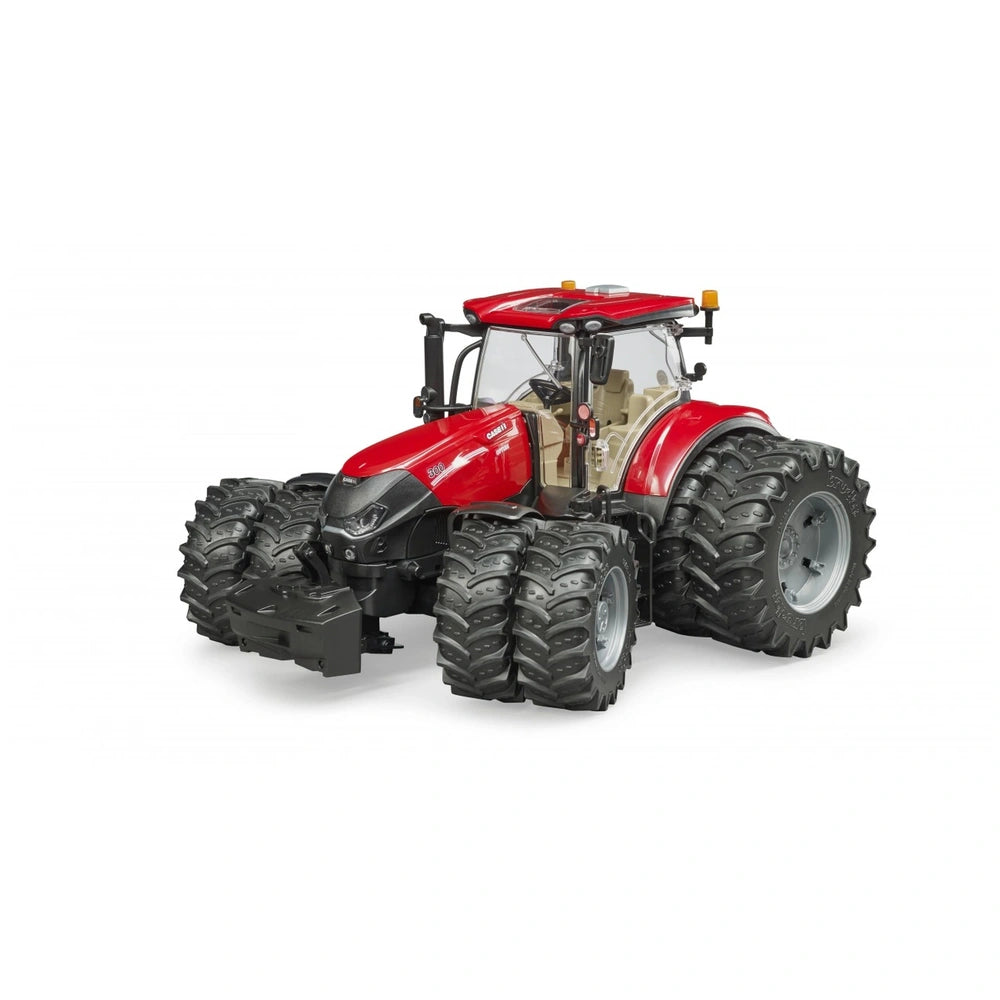 Red Bruder Case IH Optum 300 CVX toy tractor, 1:16 scale, with detailed cabin and rugged tires, front view.