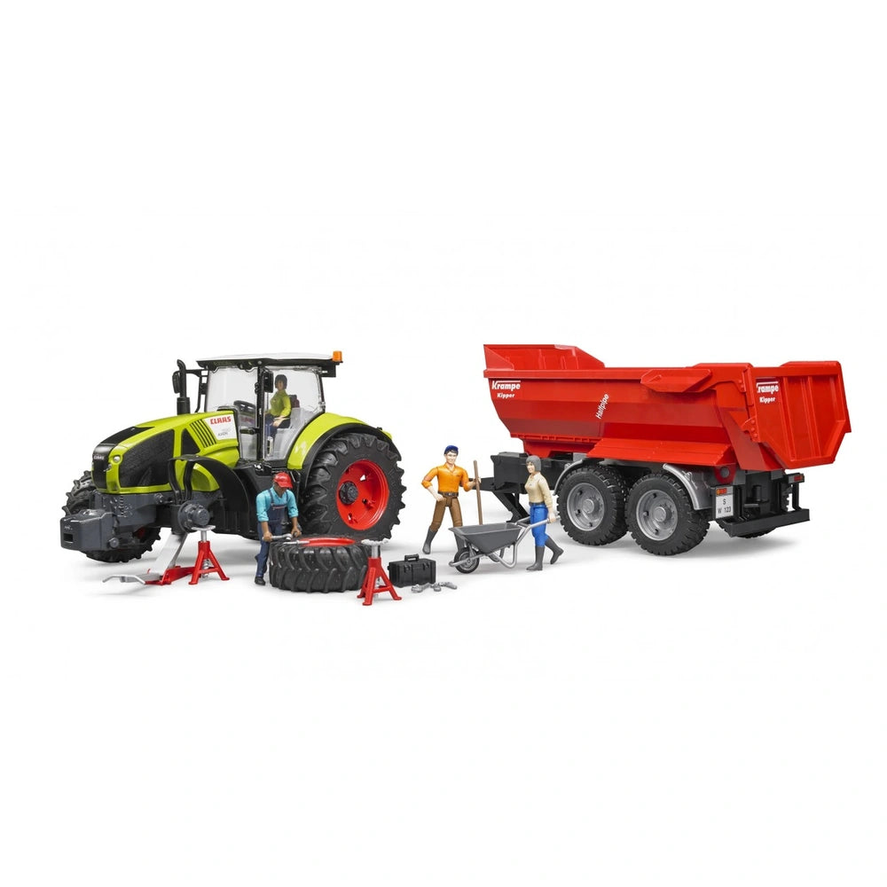 Bruder Claas Axion 950 toy with red trailer, figures working, tools and spare tire, promoting imaginative play for kids.