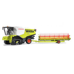 Claas Lexion 780 Terra Trac combine harvester toy, green and white with red wheels, side view on white background.