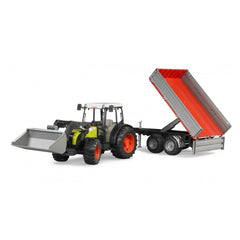 Claas Nectis 267 F toy tractor with orange wheels, front loader, and a red tipping trailer on a white background.