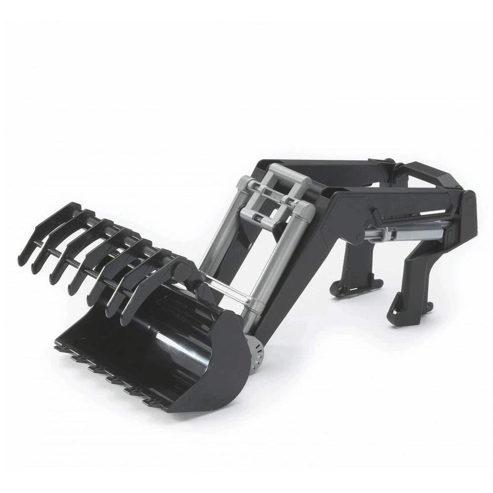 Bruder frontloader for tractors, black with detachable grabber, robust design for imaginative play.