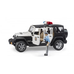 Black and white police Jeep toy with opening doors, officer figure standing beside, detailed design, red and blue rooftop lights.