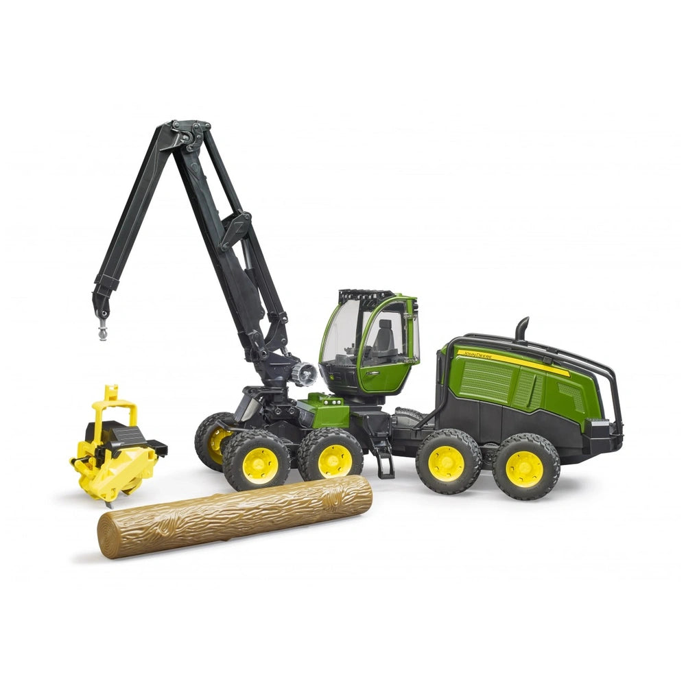 Green and black toy John Deere 1270G harvester with yellow wheels and a log, featuring a detailed cabin and articulated arm.