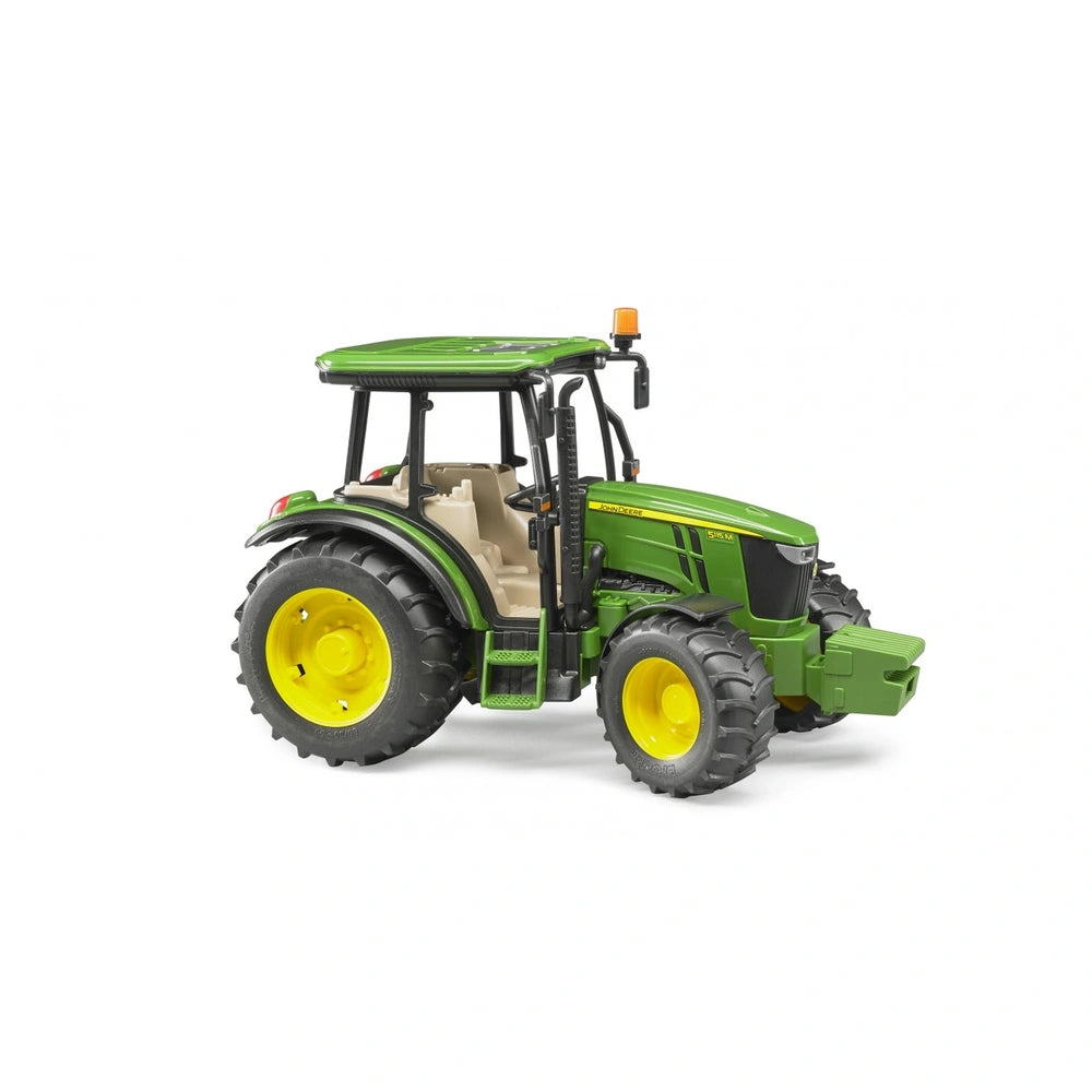 Green Bruder John Deere 5115 M toy tractor with yellow wheels, detailed engine, and open cab for interactive play.