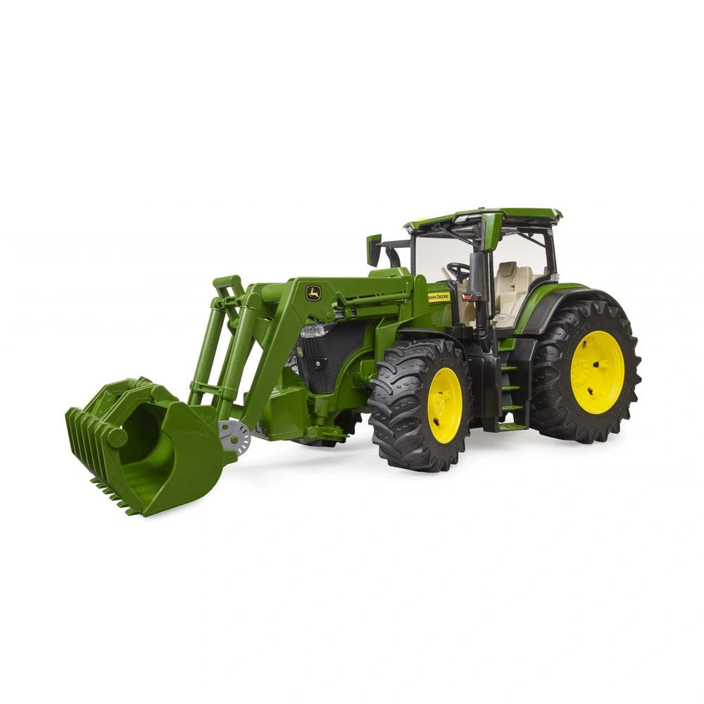 Green John Deere 7R 350 toy tractor with frontloader, featuring realistic details and large yellow wheels.