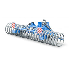 Blue Bruder Lemken Front Furrow Press toy model with silver rings and red-striped panels on a white background.