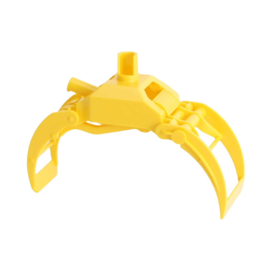 Bright yellow toy crane grabber for Bruder forestry tractor, featuring a functional arm and realistic design for imaginative play.