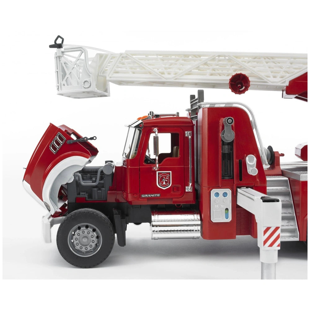 Red Bruder MACK Granite fire engine toy with open bonnet, detailed engine, and extendable white ladder on the side.