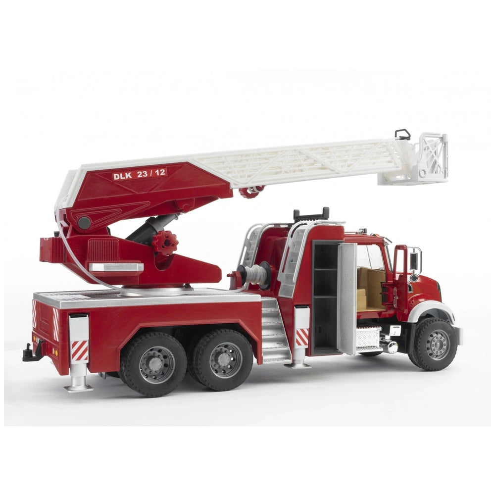 Red and white Bruder Mack Granite fire engine toy with extendable ladder, detailed cab, and functional compartments.