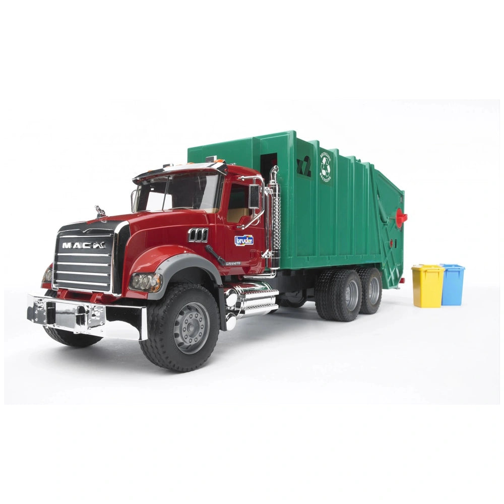 Bruder Mack Granite Garbage Truck toy in red and green with blue and yellow recycling bins.