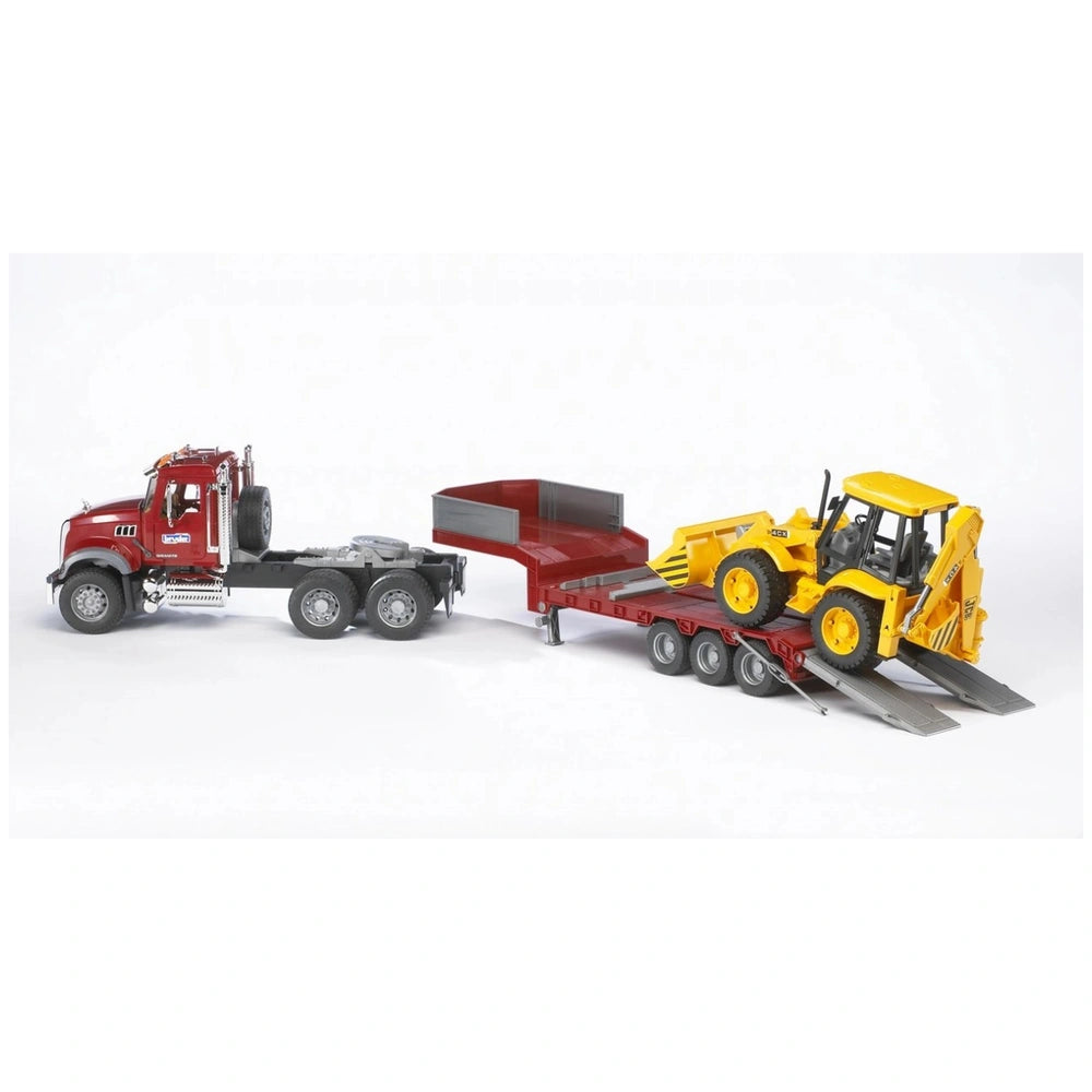 Red Mack truck with low loader transporting a yellow JCB 4CX backhoe on a white background.