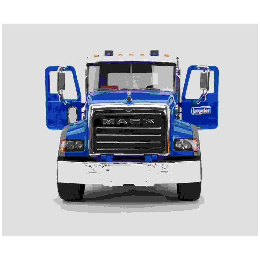 Bruder MACK Granite Tip Up Truck with open doors, blue cab, chrome details, front view.