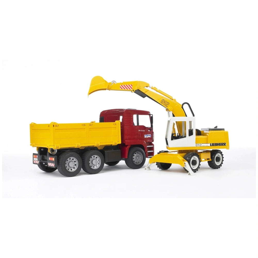 Red construction truck with yellow dump bed and yellow Liebherr excavator on white background.