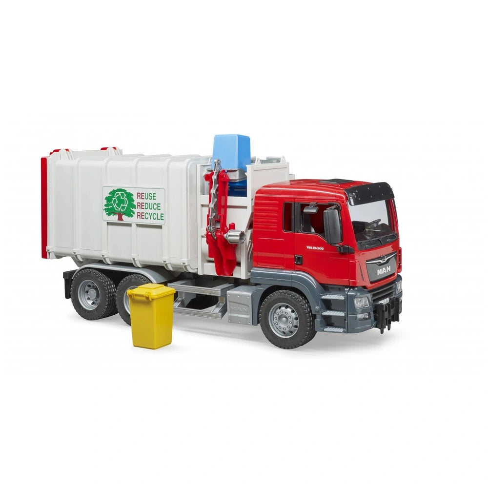Red Bruder MAN TGS garbage truck toy with side-loading arm near a yellow bin, labeled with "Reuse, Reduce, Recycle.