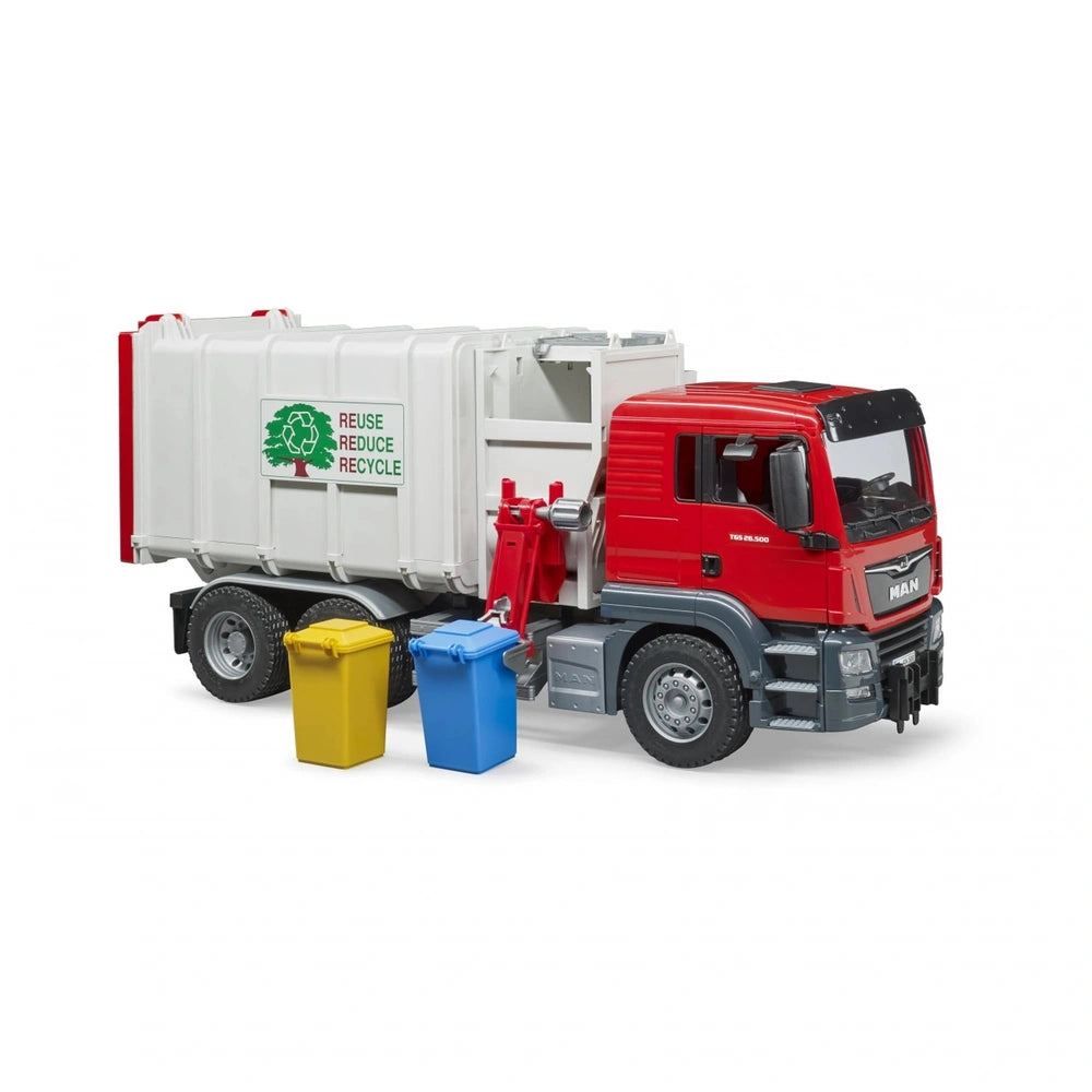 Red and white Bruder MAN TGS toy garbage truck with side-loader, two small yellow and blue bins.