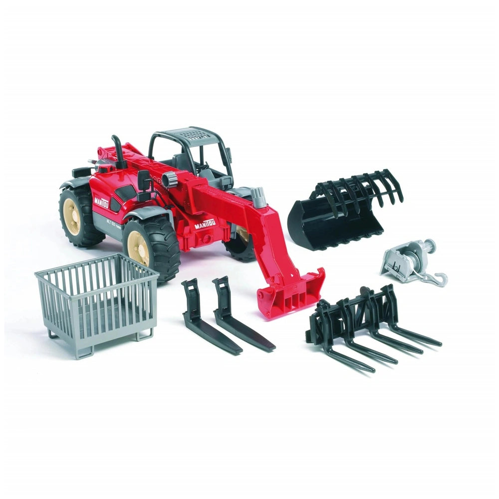 Red Bruder Manitou telescopic loader with various black and gray attachments on a white background.