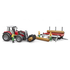 Bruder Massey Ferguson tractor with front loader, timber logs, and three figures on a timber trailer.