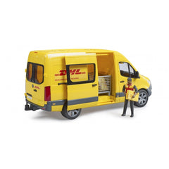 Yellow DHL delivery van toy with open door, driver holding package, showcasing interior cargo area with basket.