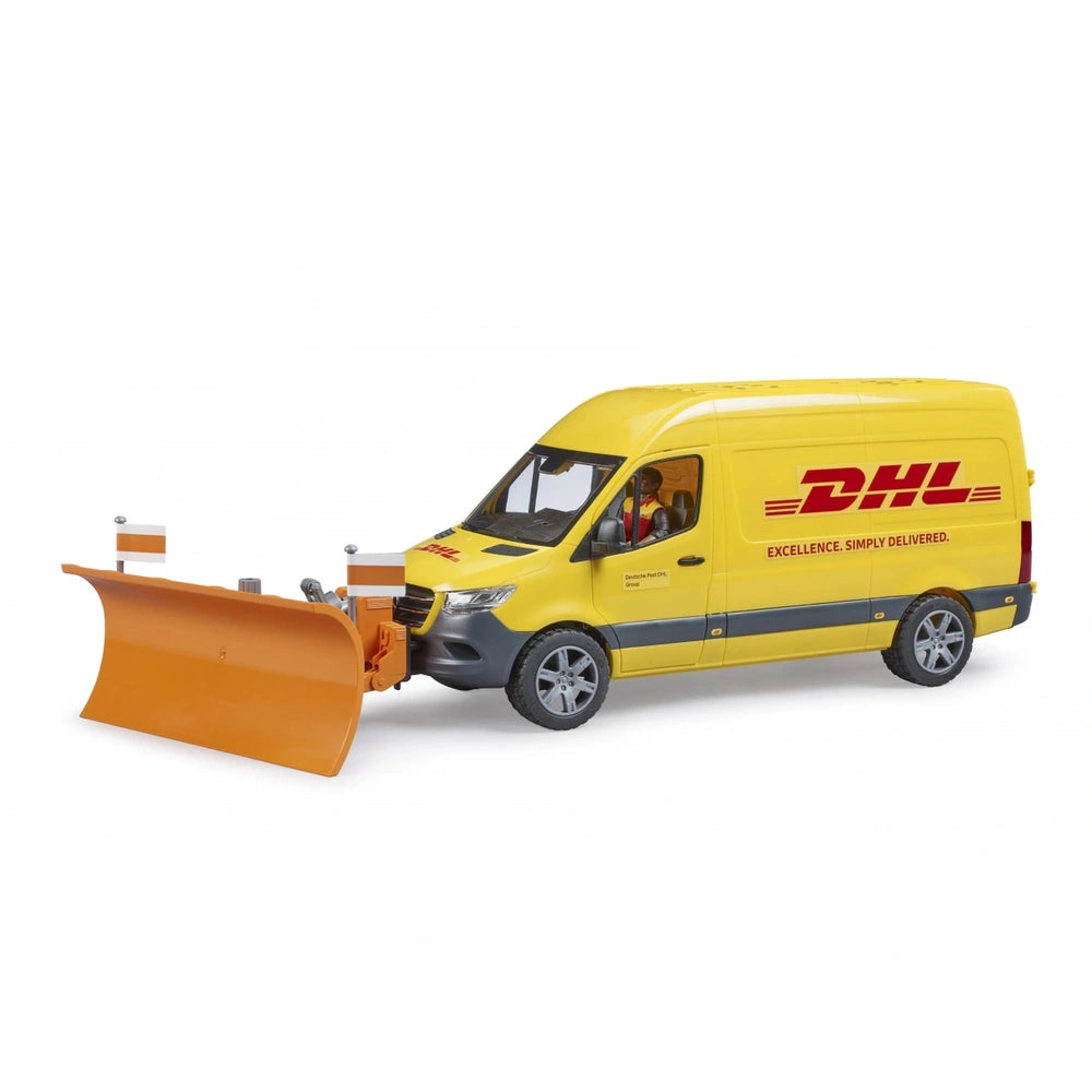 Yellow DHL toy delivery van with plow, driver inside, detailed interior, promoting imaginative play for ages 4 and up.