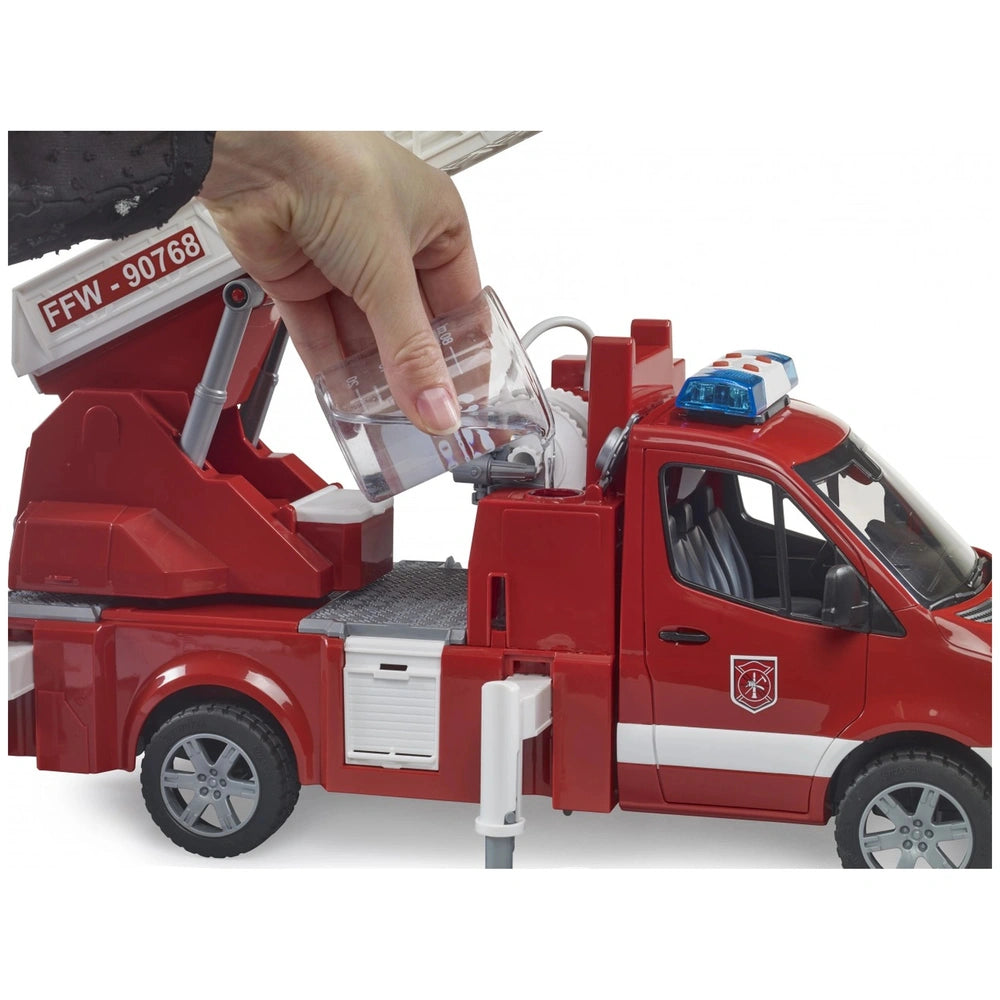 Red Bruder MB Sprinter Fire Service toy truck with a hand pouring water into the ladder pump.