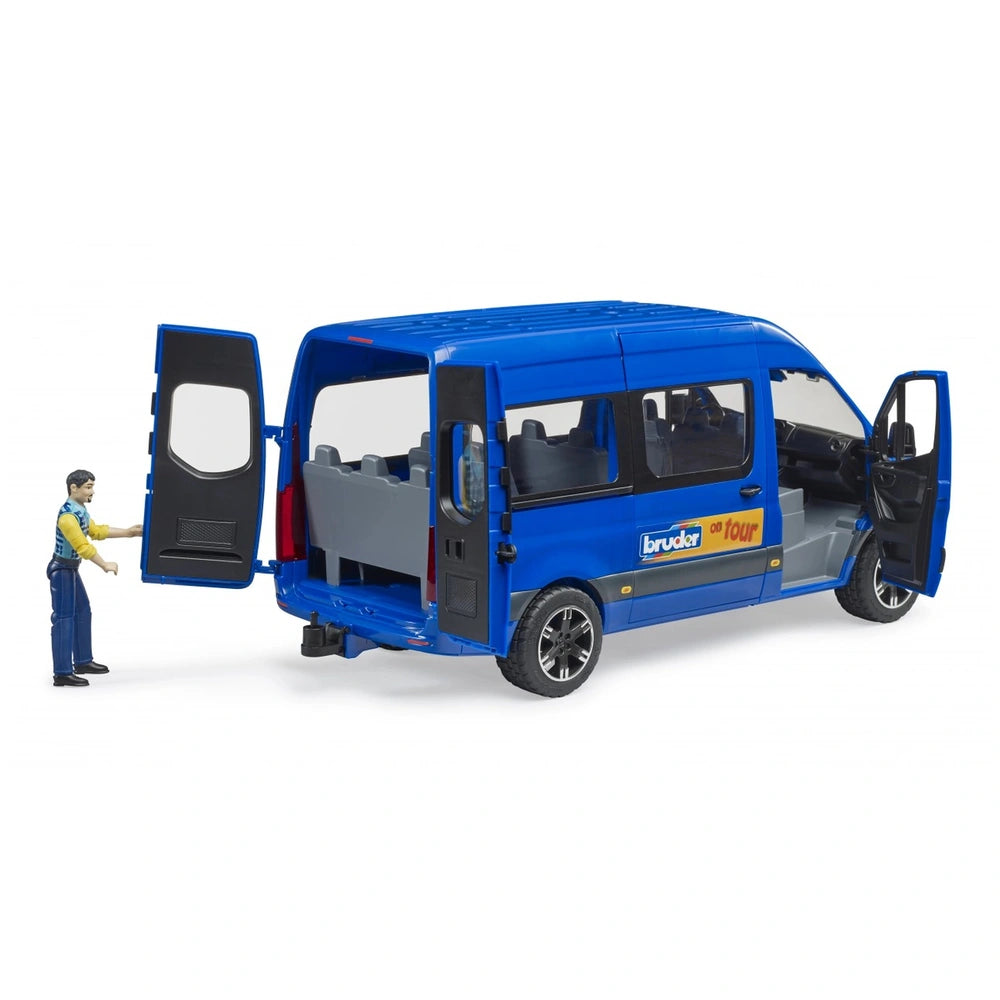 Blue Bruder MB Sprinter toy vehicle with driver figure, open doors showcasing interior seating.
