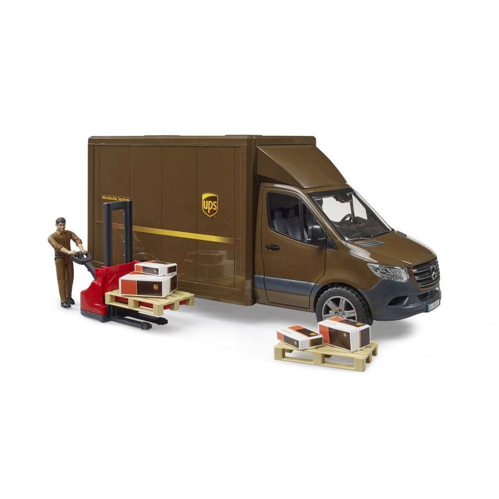 Brown UPS toy delivery van with driver figure, packages on pallets, and a red pallet jack, detailed model for imaginative play.