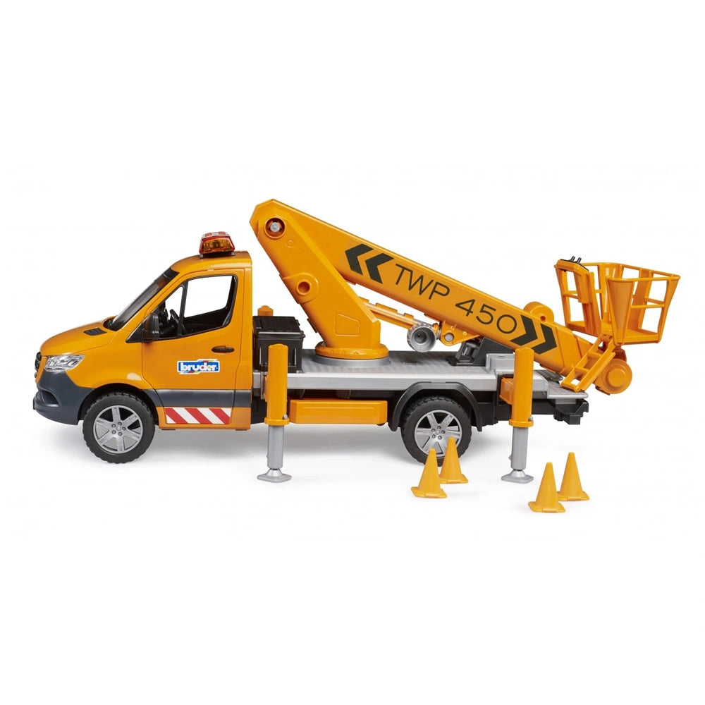 Yellow Bruder MB Sprinter with work platform, TWP 450 label, and traffic cones, ideal for imaginative construction play.