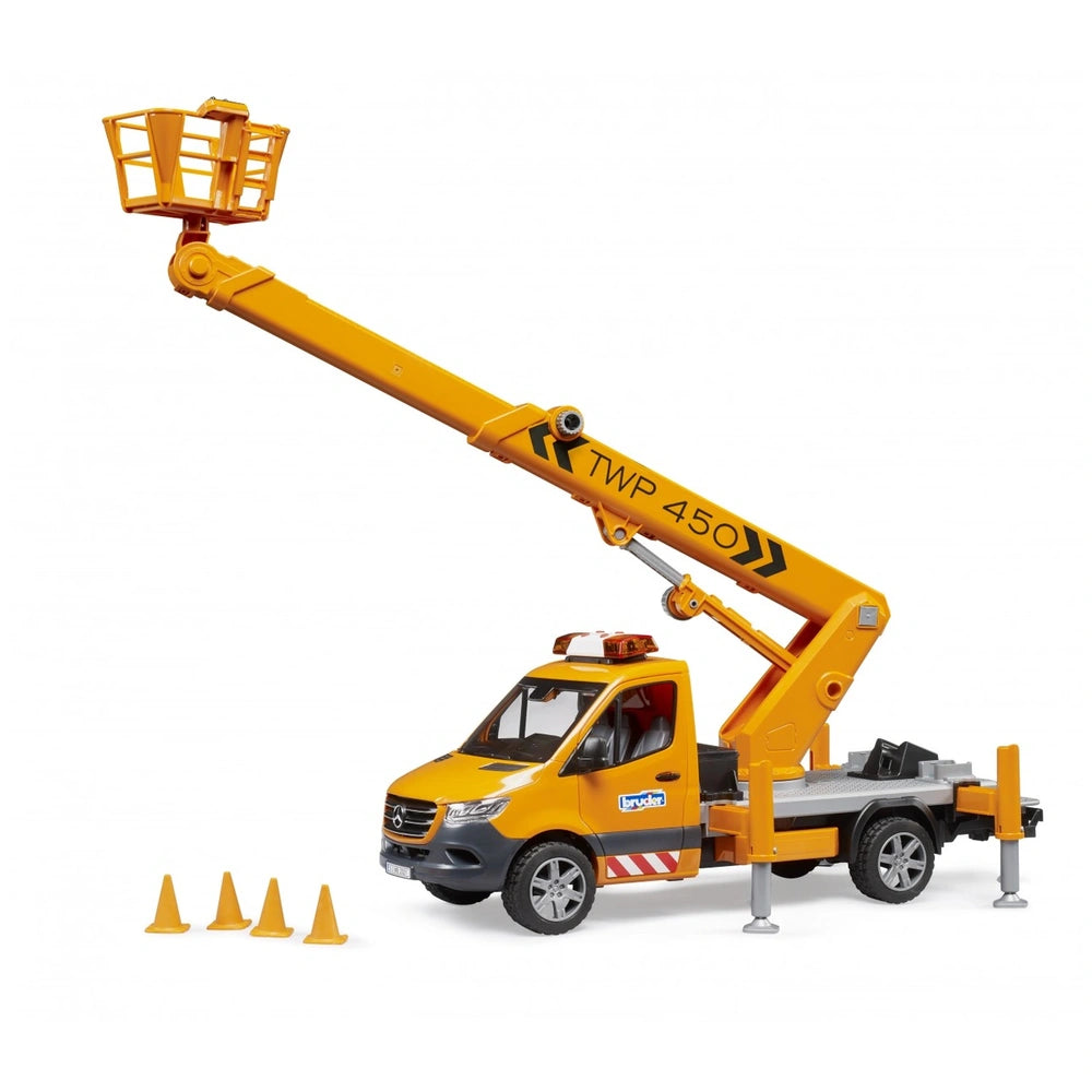 Yellow Bruder MB Sprinter toy with raised work platform, light, sound module, and traffic cones on white background.