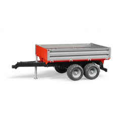 Red and gray toy platform gate trailer with dual axles and realistic treaded tires, perfect for imaginative play.