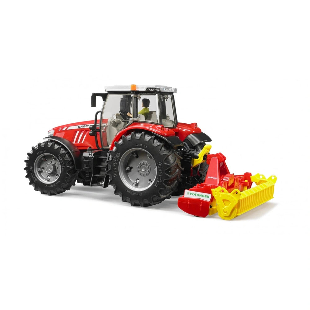 Red Massey Ferguson tractor with Pöttinger Lion 3002 rotary harrow attached, featuring realistic details and large tires.
