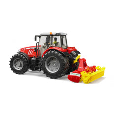 Red Massey Ferguson tractor with Pöttinger Lion 3002 rotary harrow attached, featuring realistic details and large tires.
