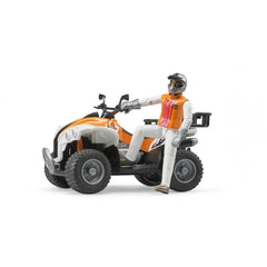 Toy quad bike with orange accents and a driver figure in an orange vest and helmet, ready for adventure.