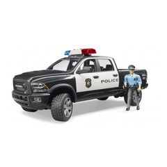 Bruder RAM 2500 police pick-up toy truck with police officer figure, 1:16 scale, black and white color, emergency light bar.