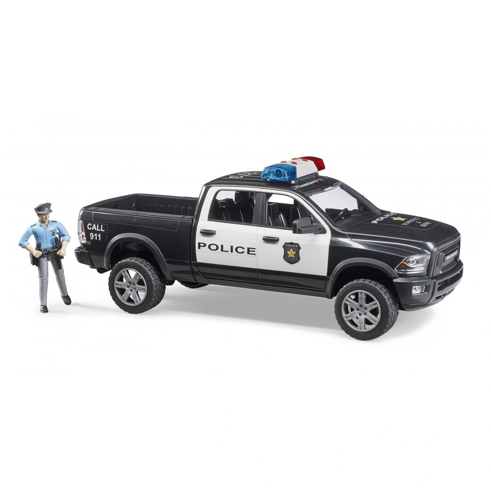 Black and white police pick-up truck with police officer figurine, featuring realistic light and sound bar.