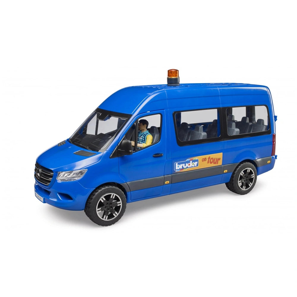 Blue Bruder play vehicle with rotating orange beacon light, featuring a side logo and visible driver figure inside.