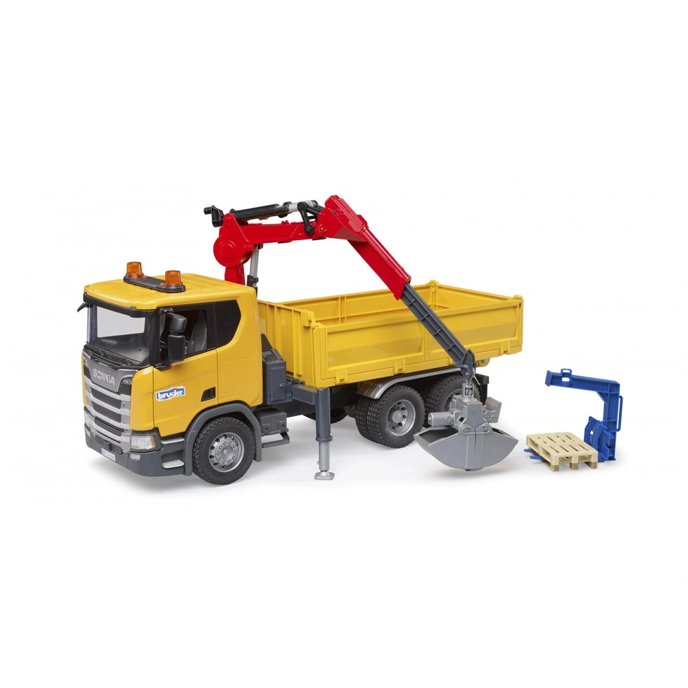 Yellow Scania construction truck with red crane and two pallets; realistic toy by Bruder for creative play.