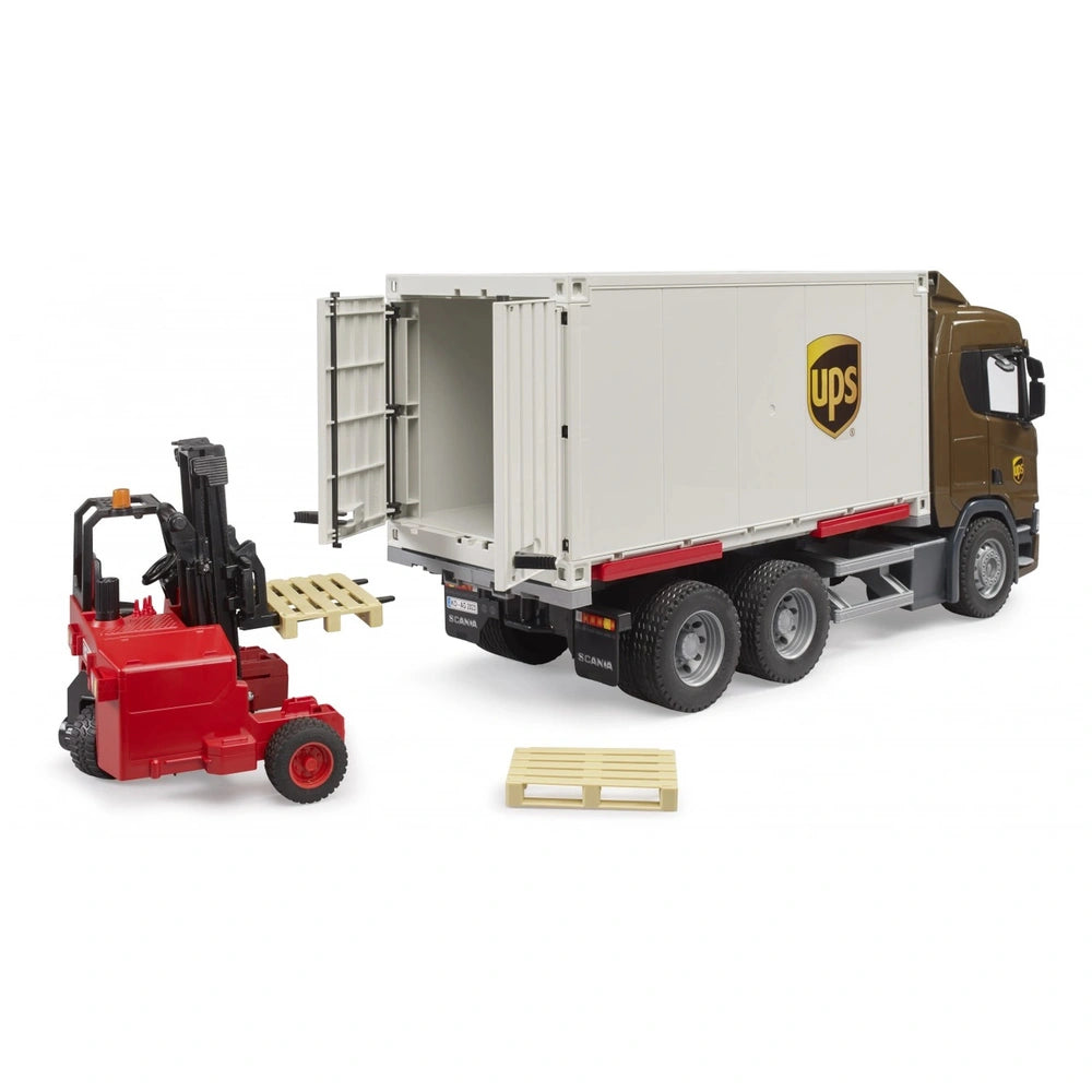 UPS Scania truck with open container, red forklift lifting a pallet, beige pallet on ground.