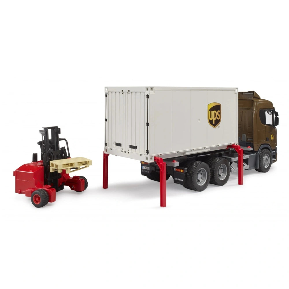 Bruder Scania UPS logistics truck with detachable white container and red forklift.