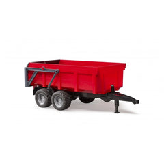 Red Bruder tipping trailer with double axle and automatic tailgate, designed for imaginative play with Bruder tractors.