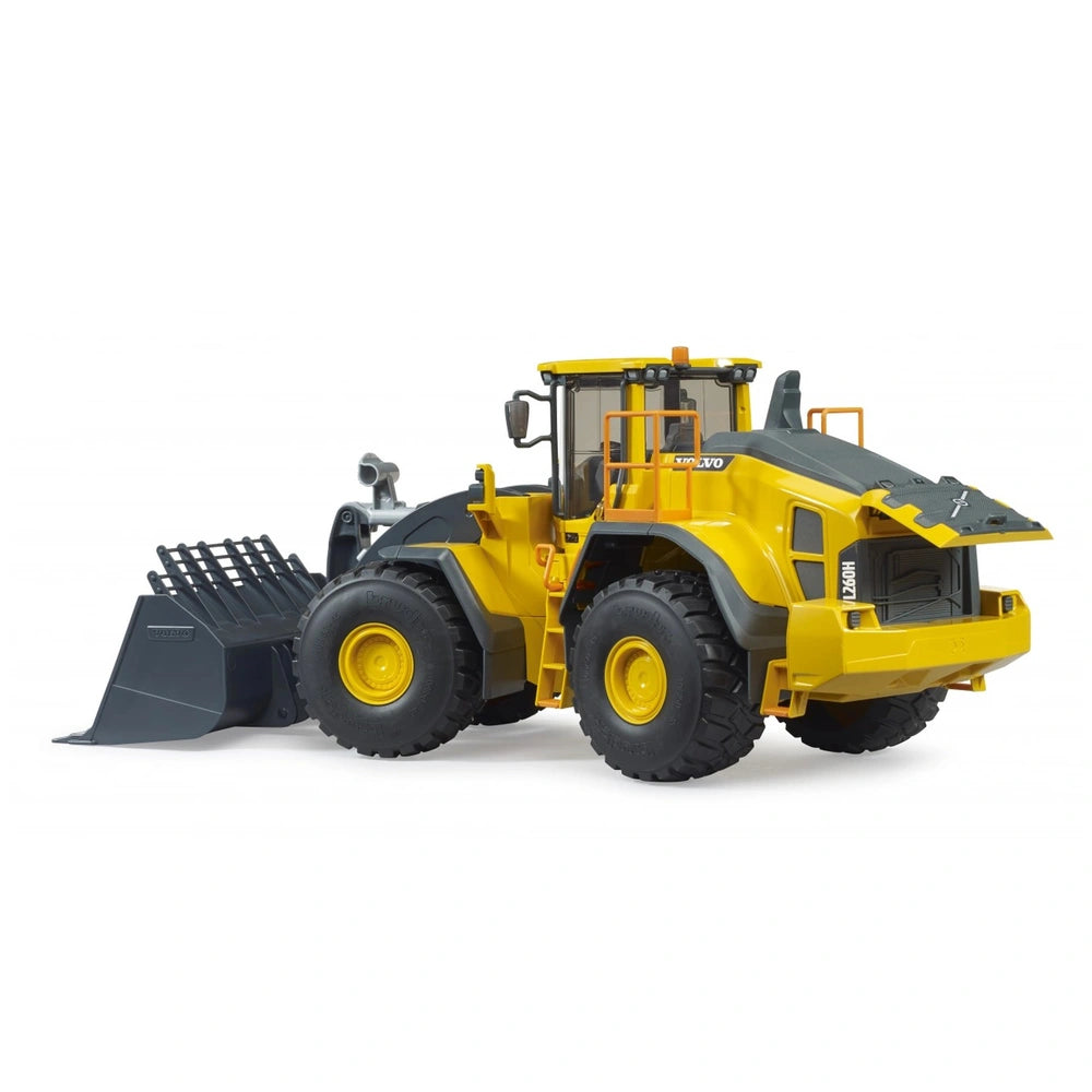 Yellow and gray Volvo L260H wheel loader toy with large tires and realistic details, designed for imaginative play.