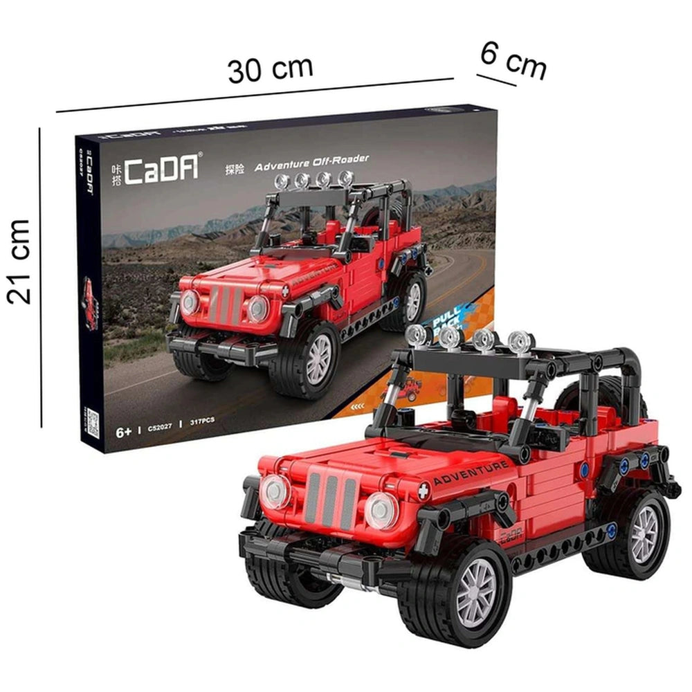 CaDA Adventure Off-Roader Jeep construction set features a red toy car with black wheels and roof rack on black cardboard pac